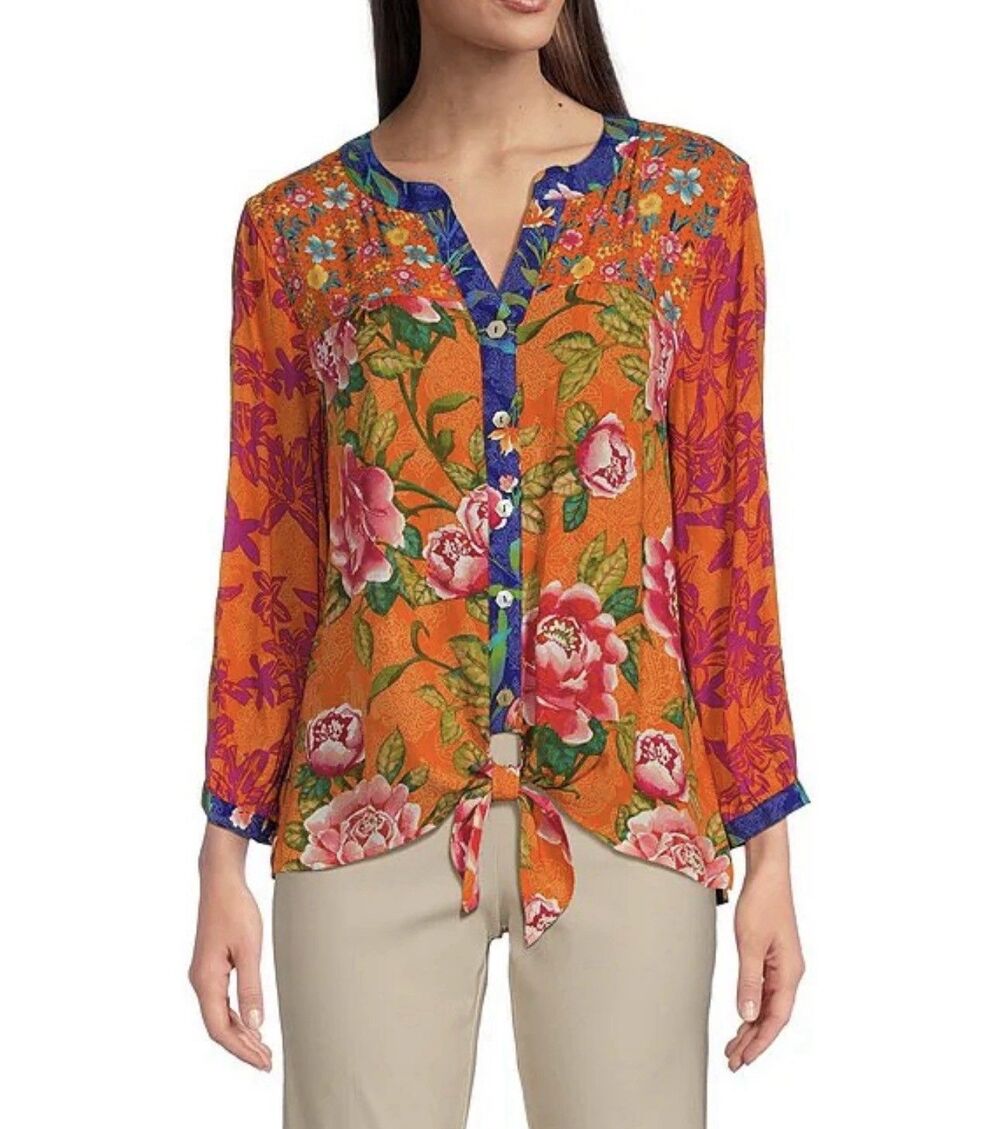 John Mark Button Front Shirt Blouse Top Womens Large Tropical Floral Patchwork